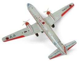 Tin lithograph aeroplane of “Olympic Airways”, with rubber wheels and plastic propellers. The aeroplane is battery operated and is attributed to the toymaker Ananias Ananiadis, dating back to approximately 1960