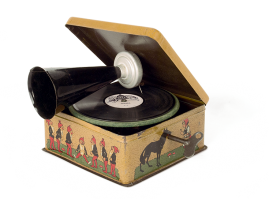 Decorative hand-wound music box in the form of a gramophone, with lithographed depictions from a children’s fairytale