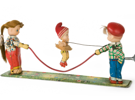 Tin lithographed hand-wound toy with children playing the rope, from the toymaker Ananias Ananiadis, 1960’s