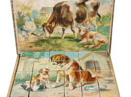 Ξύλινο κουτί με κομμάτια πάζλ (σε σχήμα κύβου) και εικόνες από τον κόσμο των ζώων