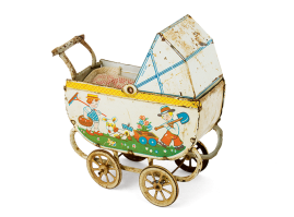 Tin lithograph miniature wagon, of German origin, dating back to the 1930s. It bears a lithograph depiction of two children with a dog playing in the outdoors