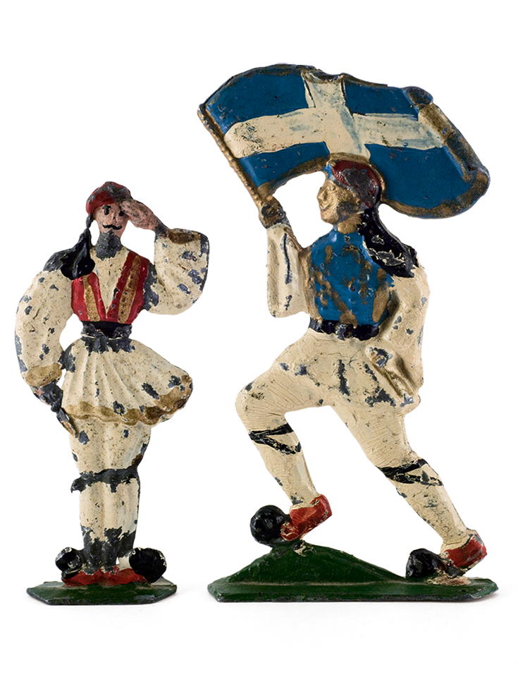 Two lead semi-flat evzones, made by an unknown folk toymaker, from the Interwar period