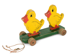 Wooden toy ducklings on a rectangular base with wheels, of Greek origin, from the 1950s