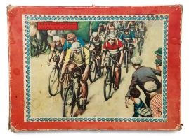 Board game with cyclists in a big rectangular carton box