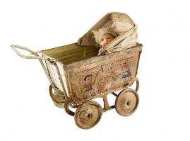 Tin lithograph miniature wagon with a folding shelter, of German origin, dating back to the early 20th century. It bears a lithographed depiction of a boy and a girl playing with a dog