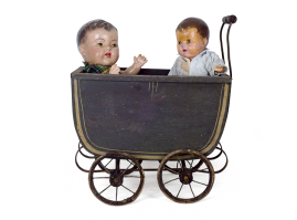 Wooden doll pram with metal elements from the interwar period