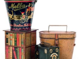 Tin lithograph boxes with the form of everyday objects, from the 1910s