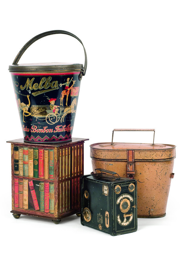 Tin lithograph boxes with the form of everyday objects, from the 1910s