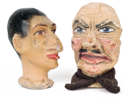 Two marionette heads from the Interwar period, probably of foreign origin, rendering grotesque male puppet theatre figures