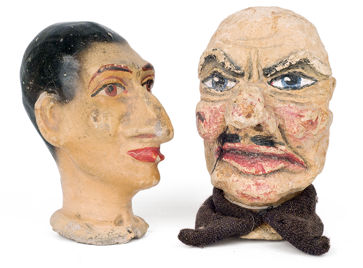 Two marionette heads from the Interwar period, probably of foreign origin, rendering grotesque male puppet theatre figures