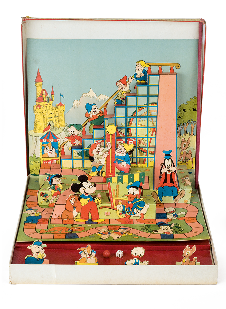 “Mickey and his friends”: board game in a square cardboard box. The two parts of the box are connected so that when it opens the cardboard game on the inside appears to be three-dimensional