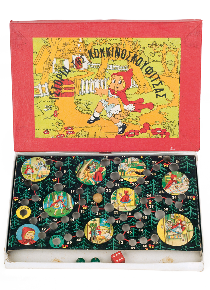 “The Little Red Riding Hood Game”: The cardboard on the inside bears an affixed colour lithograph with numbered holes and illustrated scenes from the fairy tale