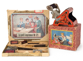 Children’s engraving set titled “The young engraver”. This consists of a press, engraving tools and the packaging box