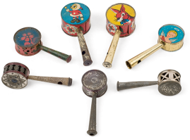 Greek festive tin rattles, dating back to the 1920s-50s, some of which are lithographed. Their handles have been shaped for use as whistles