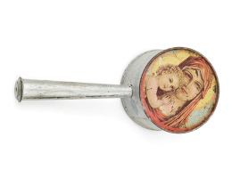 Tin lithograph rattle from the 1940s, created by the toymaker Ananias Ananiadis. One side depicts the Virgin Mary holding the infant Jesus, the other depicts the Archangel Michael. Its handle also functions as a whistle