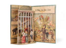 “A Day in the Zoo”: English lithograph pop-up book, featuring six cardboard narrative images that unfold like an accordion, making up a three-dimensional panoramic frieze with snapshots of children’s visit to the zoo