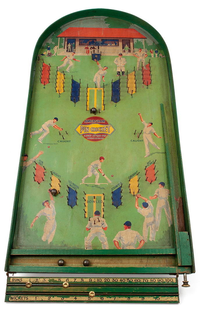 “Pin Cricket”: one-player board game with balls, a score table and a launching lever