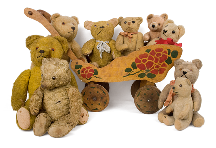 Plush Teddy Bears of various foreign manufacturers, accompanied with a Greek wooden, folklore doll trolley