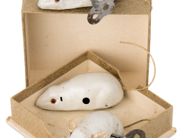 Three identical windup mice with their original packaging box, of German origin