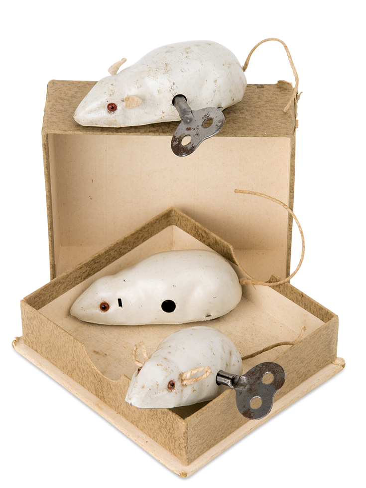 Three identical windup mice with their original packaging box, of German origin