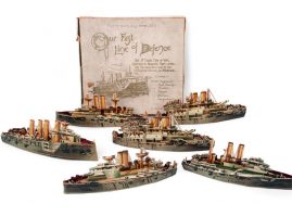 Fleet of six English warships from the 1910s, made of lithograph paper, by the company Raphael