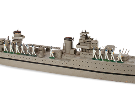 Wooden model of the “Hydra” military vessel, with a built-in base, made by an unknown toymaker, possibly from the 1950s