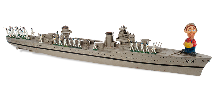 Wooden model of the “Hydra” military vessel, with a built-in base, made by an unknown toymaker, possibly from the 1950s