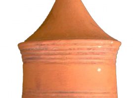 Clay spool-shaped spinning top, with a conical ending