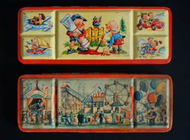 Two rectangular metal cases for colours with a cover, the upper surface of which is decorated with images of children and scenes from the world of circus