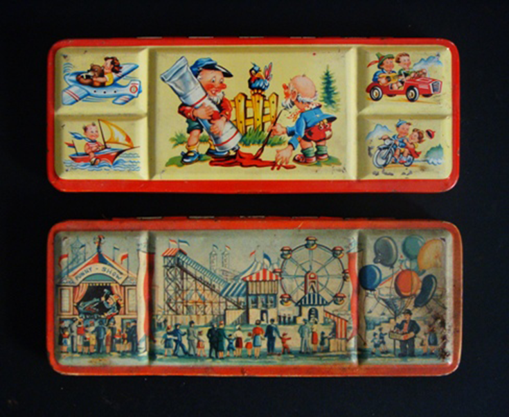 Two rectangular metal cases for colours with a cover, the upper surface of which is decorated with images of children and scenes from the world of circus